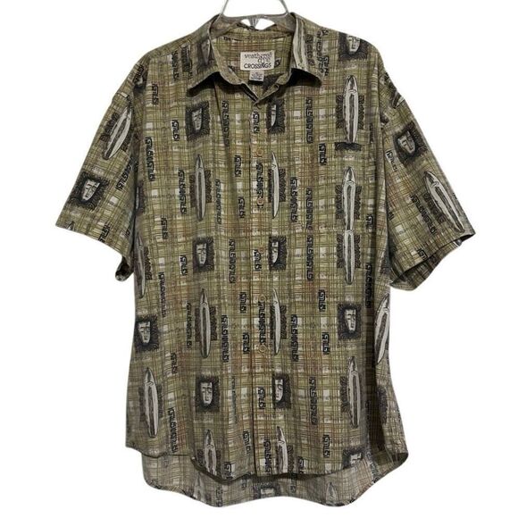 Vintage 90s Weathered Dye Crossings Button-up Shirt Men's XL Brown Green Tribal - Picture 1 of 13